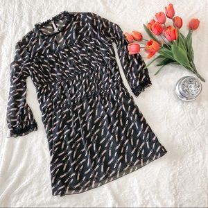 Zara Black Long Sleeve Printed Ruffle Dress
